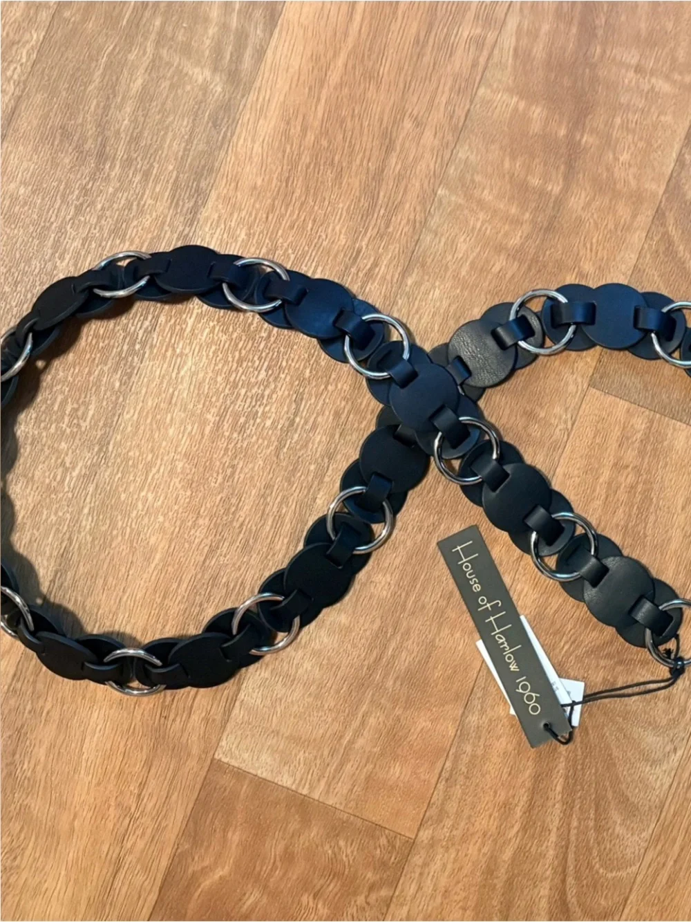 NWT House of Harlow 1960 Black Leather silver Disc Ring Link Belt Boho Size M/L